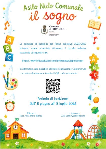 AVVISO PUBBLICO ISCRIZIONI ALL’ASILO NIDO COMUNALE - ANNO EDUCATIVO 2026/2027
