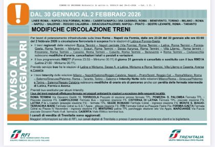 Interruzione della circolazione ferroviaria sulla linea FL7 nella tratta da Latina a Formia