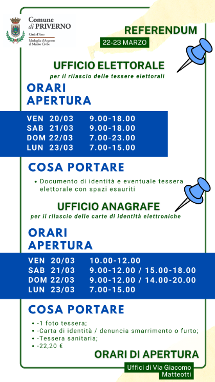 REFERENDUM COSTITUZIONALE 22 E 23 MARZO 2026 ORARI APERTURA UFFICI VIA G. MATTEOTTI