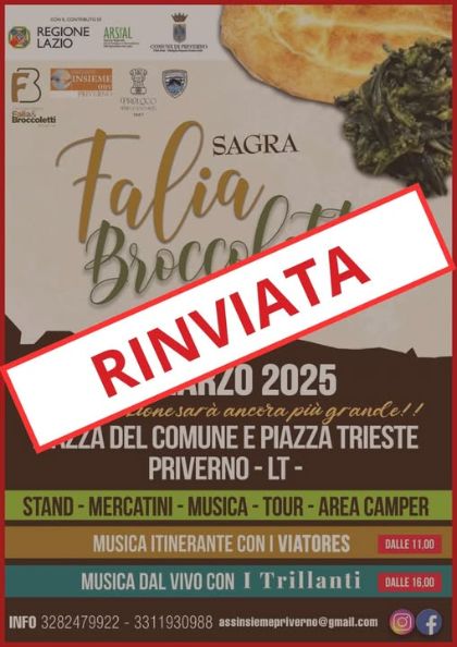RINVIATA la Sagra Falia e broccoletti Causa maltempo l'evento sarà posticipato a data da definire RINVIATA la Sagra Falia e broccoletti Causa maltempo l'evento sarà posticipato a data da definire