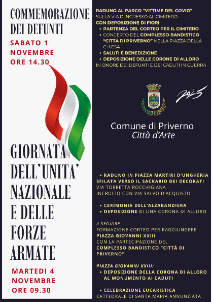 COMMEMORAZIONE DEI DEFUNTI - 1° NOVEMBRE 2025 GIORNATA DELL’UNITA’ NAZIONALE E DELLE FORZE ARMATE - 4 NOVEMBRE 2025 COMMEMORAZIONE DEI DEFUNTI - 1° NOVEMBRE 2025 GIORNATA DELL’UNITA’ NAZIONALE E DELLE FORZE ARMATE - 4 NOVEMBRE 2025